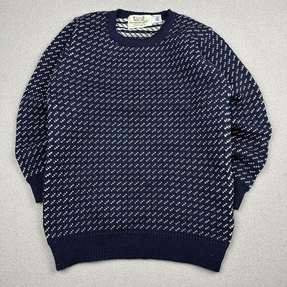 Aran Sweater Market Wool Sz Small Norwegian Bird Footprint Navy Blue Ireland - Picture 1 of 8
